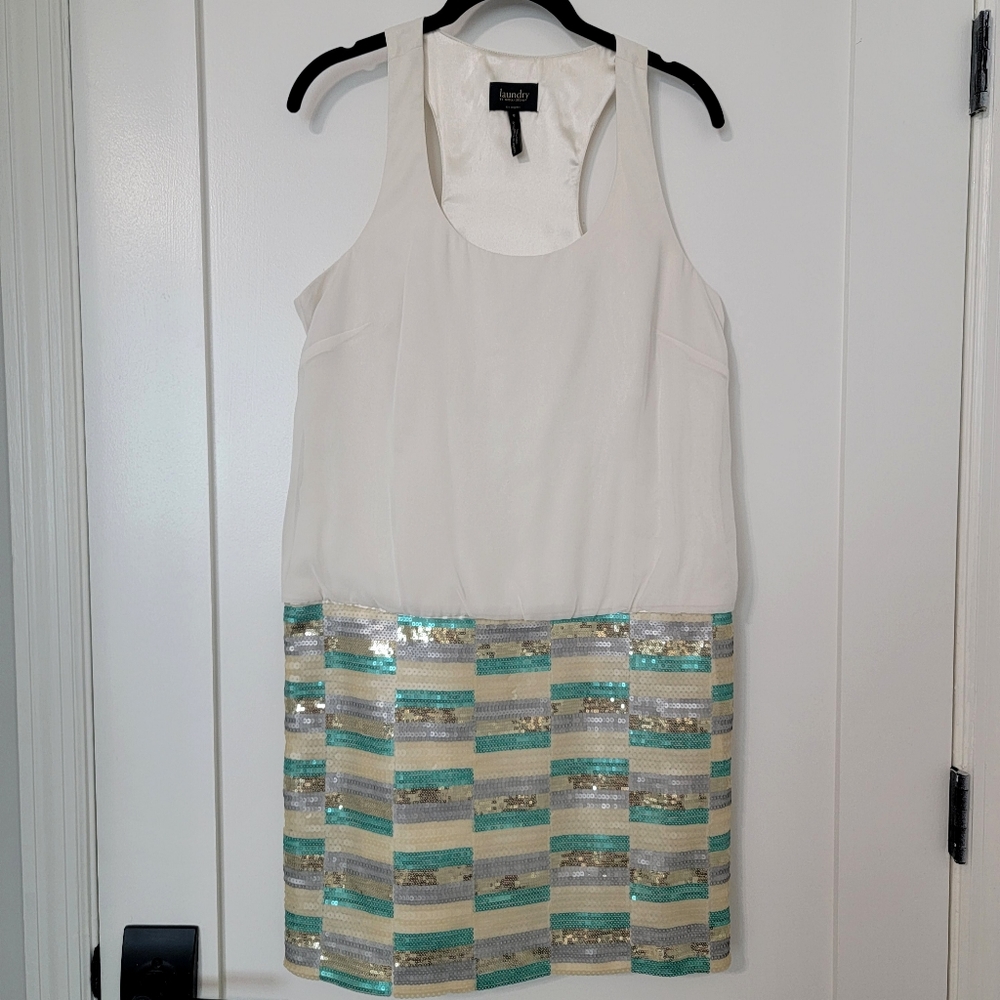 NWT Laundry by Shelli Segal Warm White Sequin Blouson Dress, Size 8